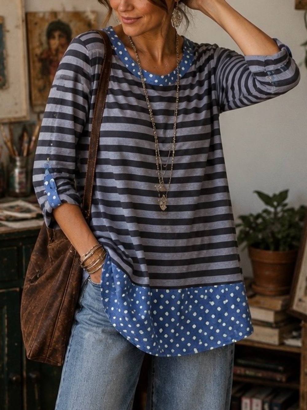 Matilda Jane Striped Polka Dot Top Blue Gray Boho Tunic | Small